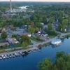 Aerial view of Lakefield with marina nearly full