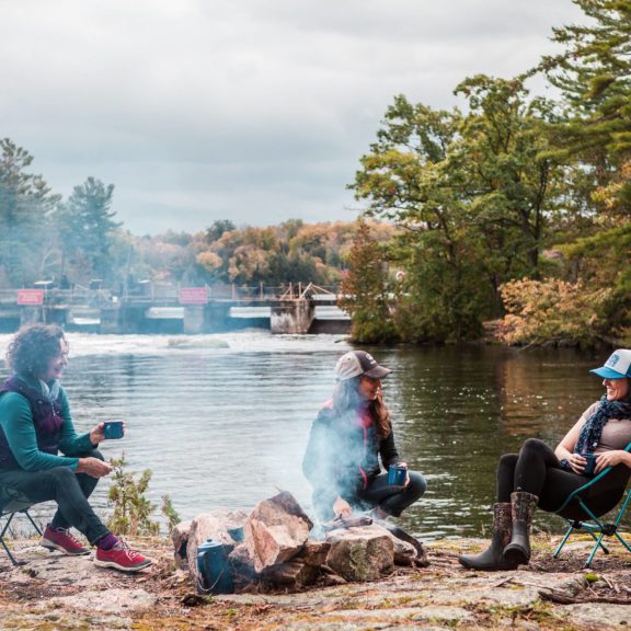 A group of paddlers picnic on Wolf Island