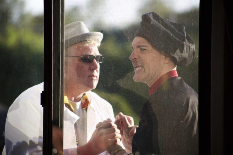 Two actors argue during a performance of the Great Butter Tart Tour Tragedy in Bobcaygeon