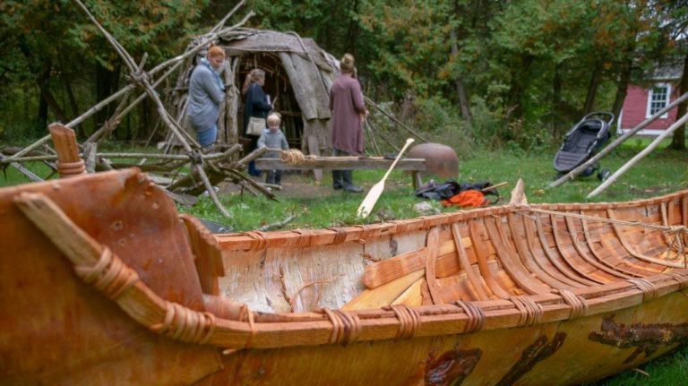 A birchbark canoe on display at Applefest, Lang Pioneer Village