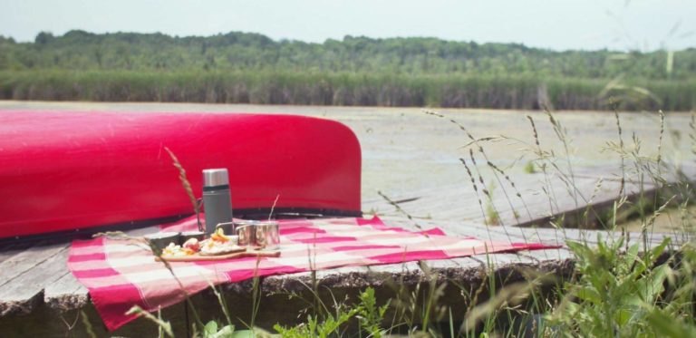 A picnic lunch laid out beside the water and an overturned canoe