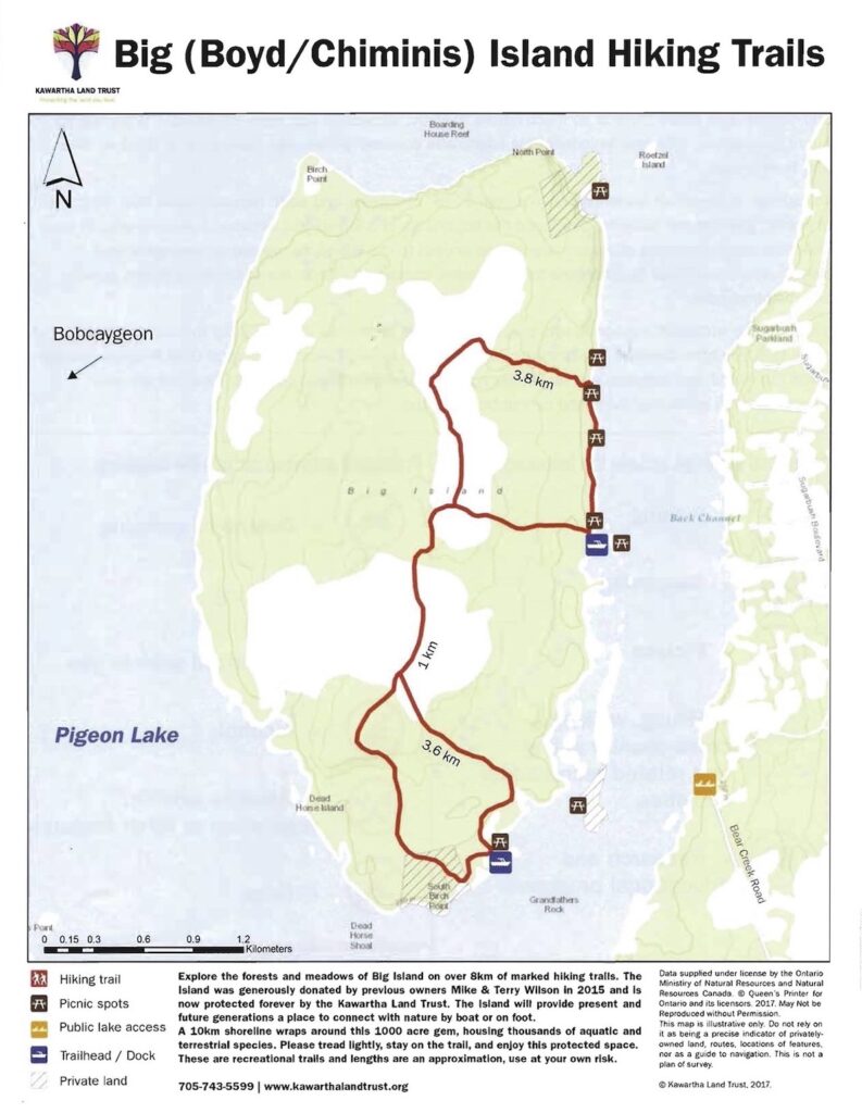 Map of Big Boyd/Chimini Island showing water access and hiking trails