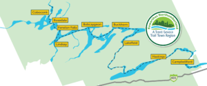 Trent-Severn Trail Towns map, with Cocobonk on the upper left and Campbellford in lower right