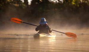 Kayaker on a misty river in Kawarthas Northumberland