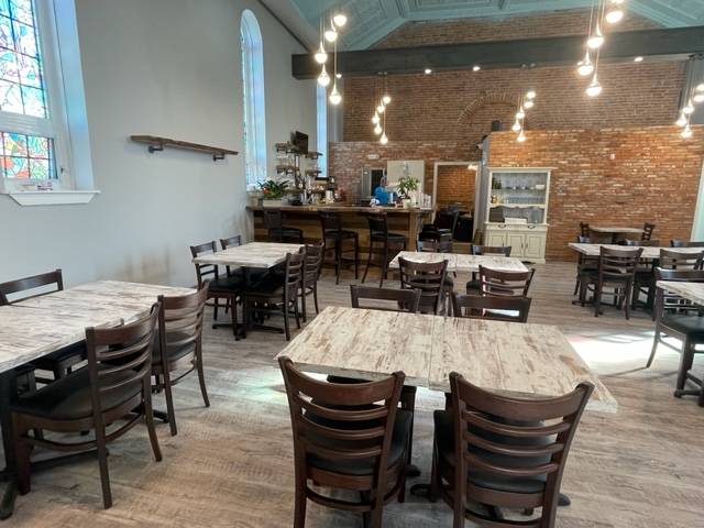 Interior of Campbellford's The Dockside Bistro, tables without customers
