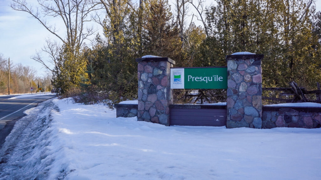 Sign outside Presqu'ile Provincial Park at wintertime