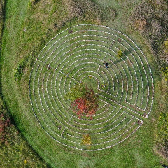 Overhead view of Fells Meadows stone labyrinth