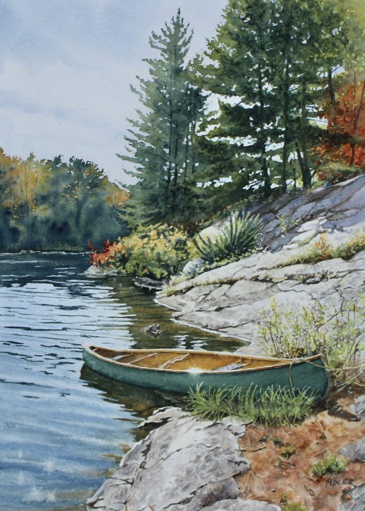Watercolour painting of a green canoe on a rocky shoreline