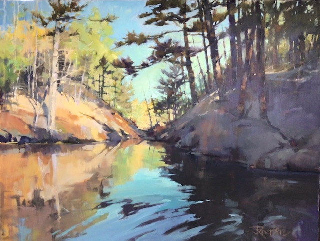 Oil paiting of rippling water in a rocky Canadian landscape