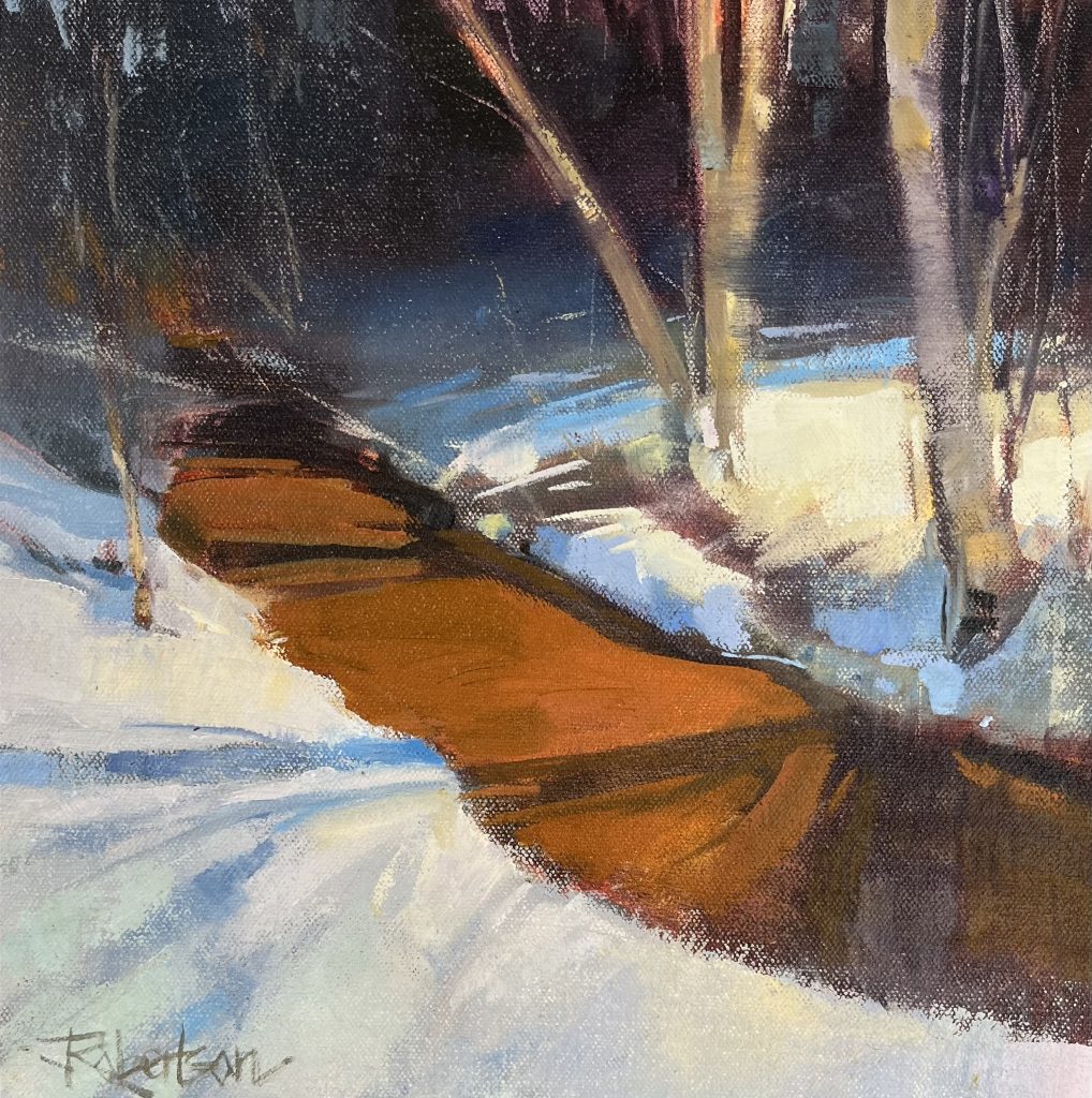 Oil painting of a creek leading into the winter woods