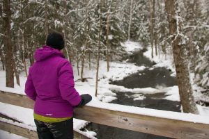 A person looks out over a frozen creek
