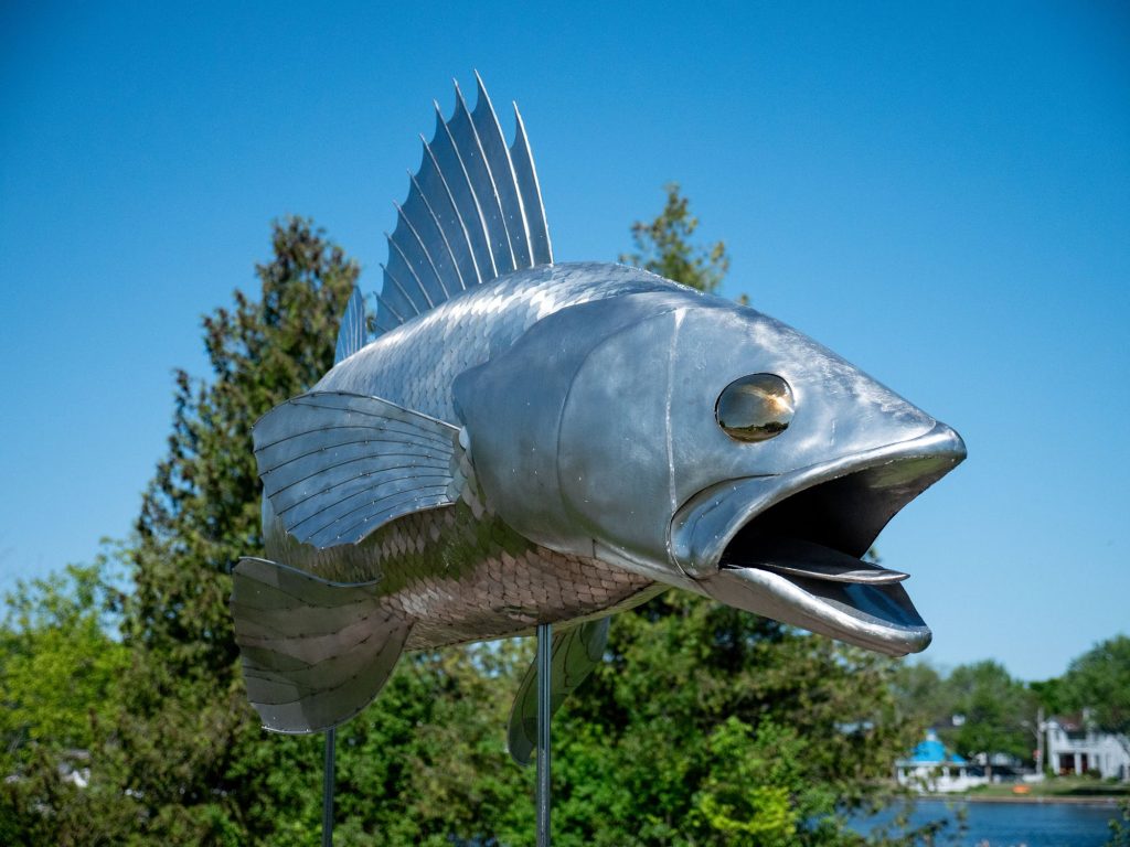 Silver outdoor sculpture of a large fish