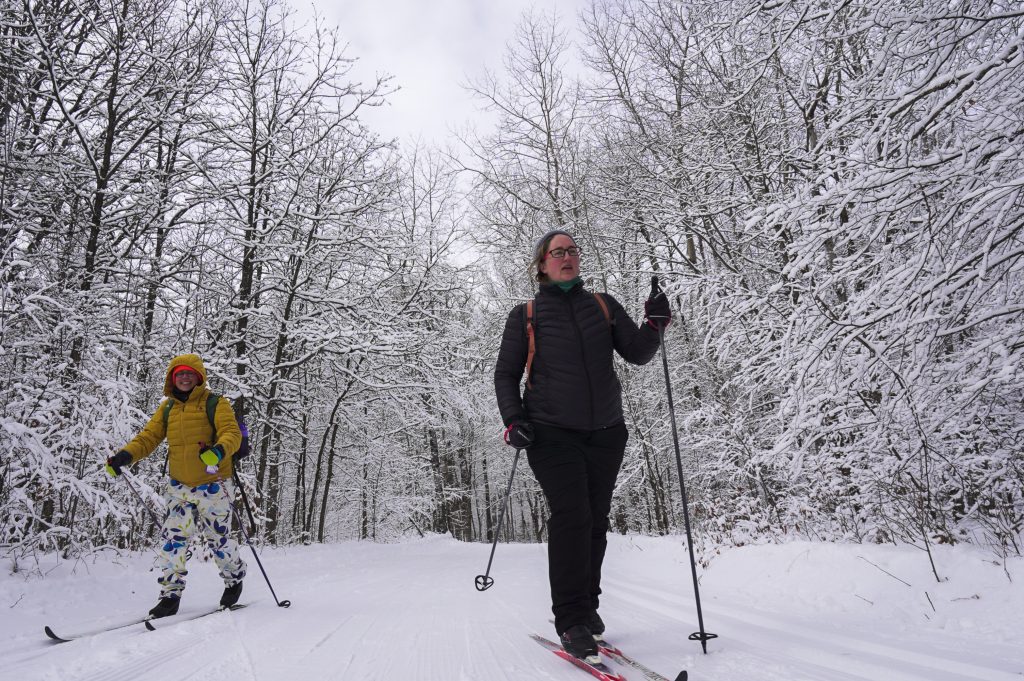 Two people, one in a black jacket and one in yellow, ski towards the camera along a groomed ski trail