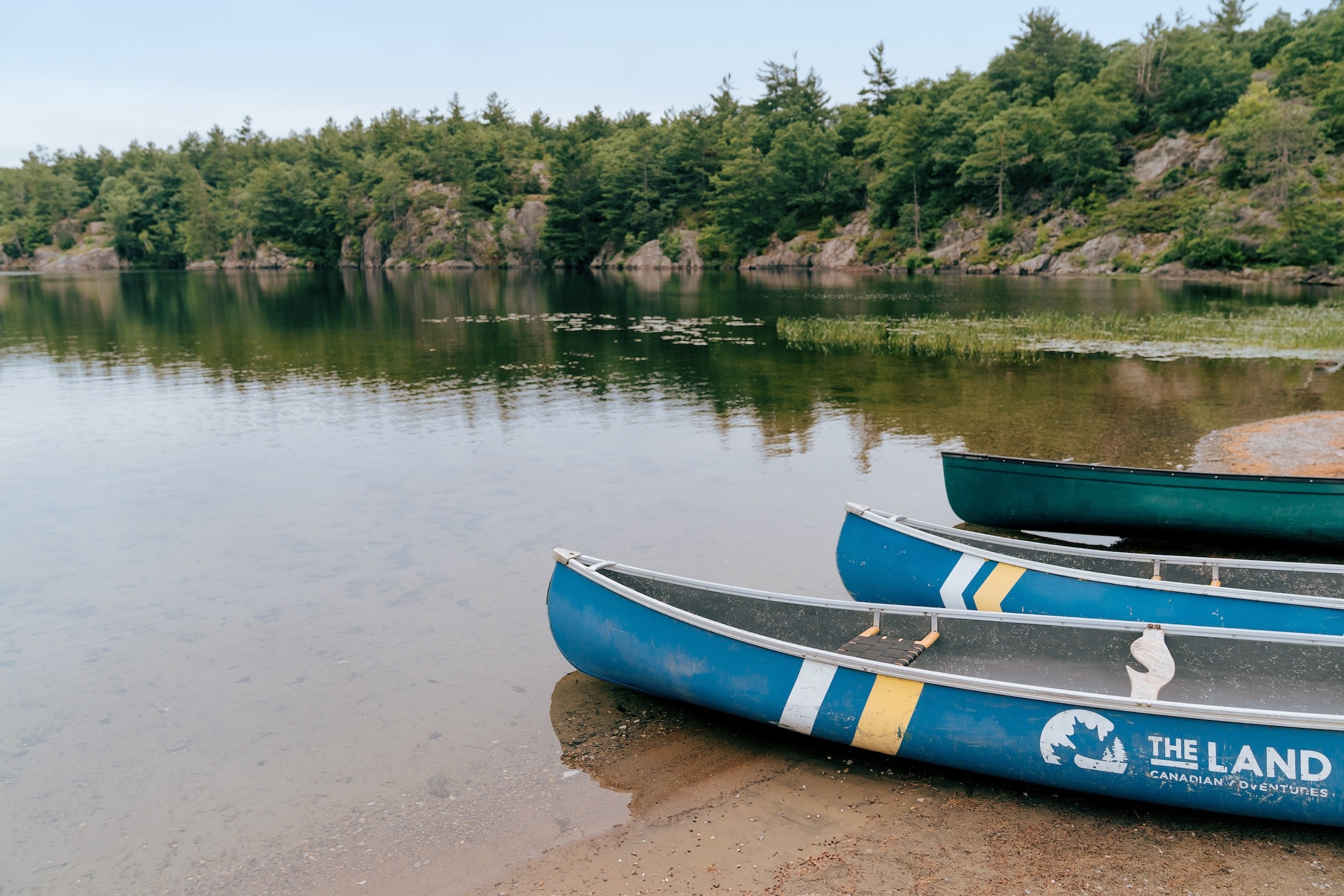 Three canoes lined up on the sandy beach of calm lake