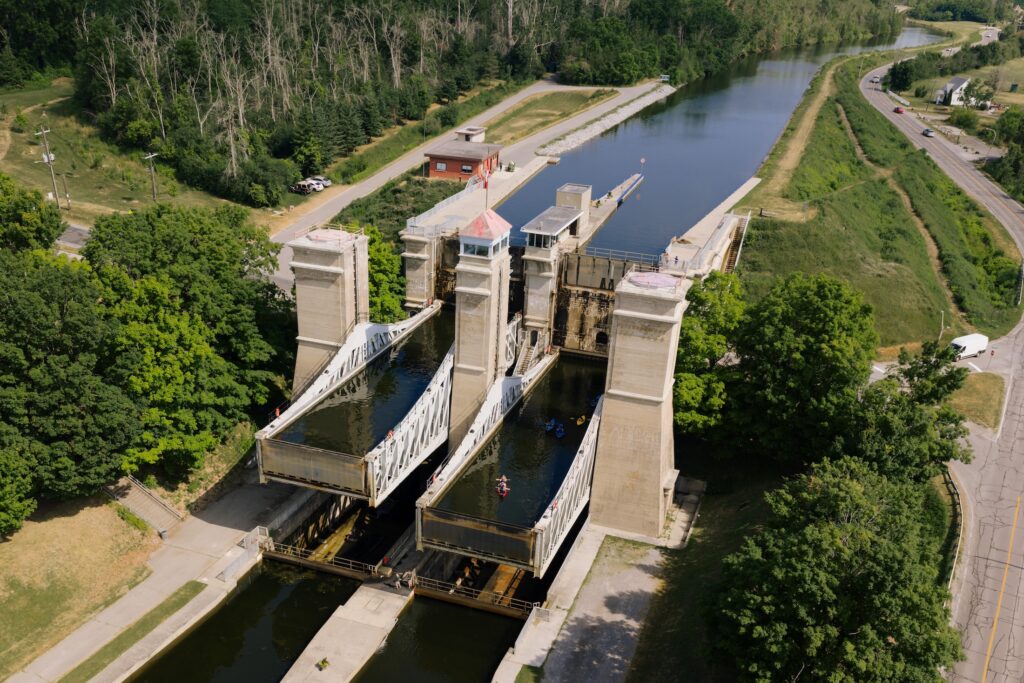 Aerial view of lift lock in summer