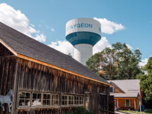 Bobcaygeon water tower, seen rising above a barn