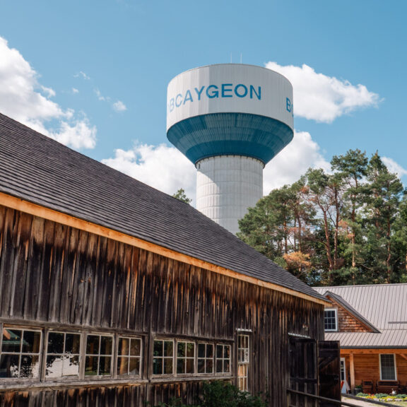 Bobcaygeon water tower, seen rising above a barn